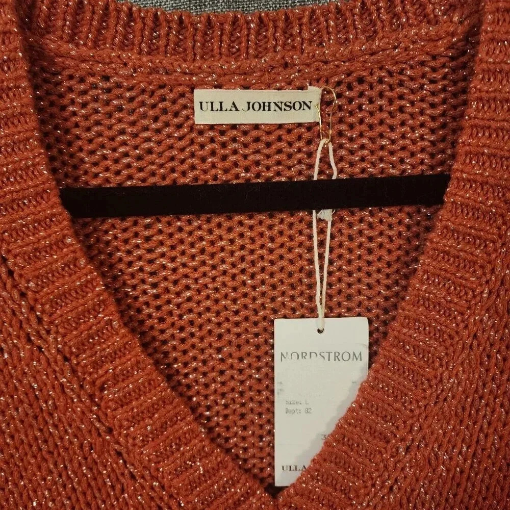 New $345 Ulla Johnson Lina V-Neck Chunky Knit Sweater Coral Metallic Size Large - Picture 7 of 11